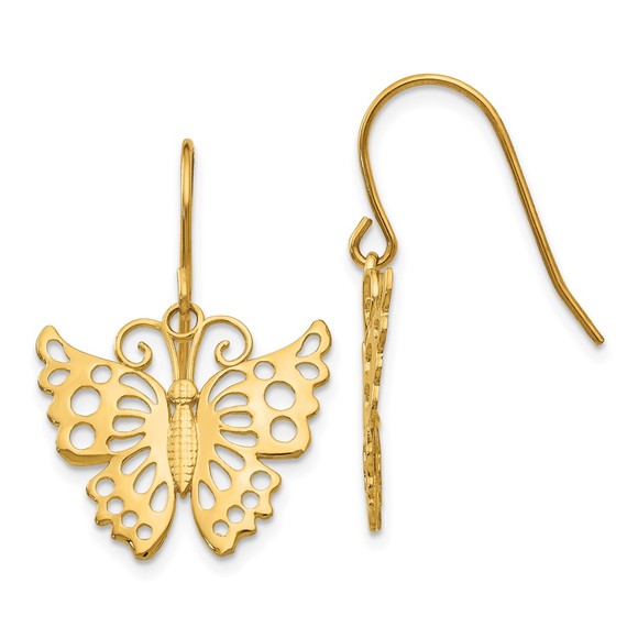 14k Yellow Genuine Gold Dangle Drop Butterfly Shepherd Hook Earrings